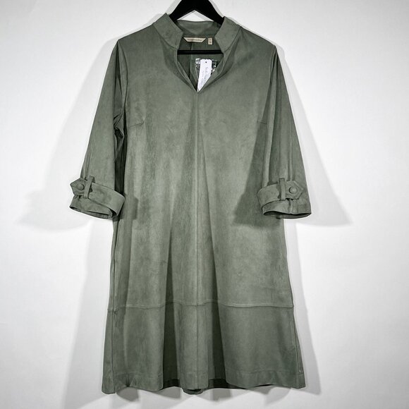 Soft Surroundings Rani Faux Suede Dress Agave Green Collard Split V Neck Size‎ L - Picture 1 of 13